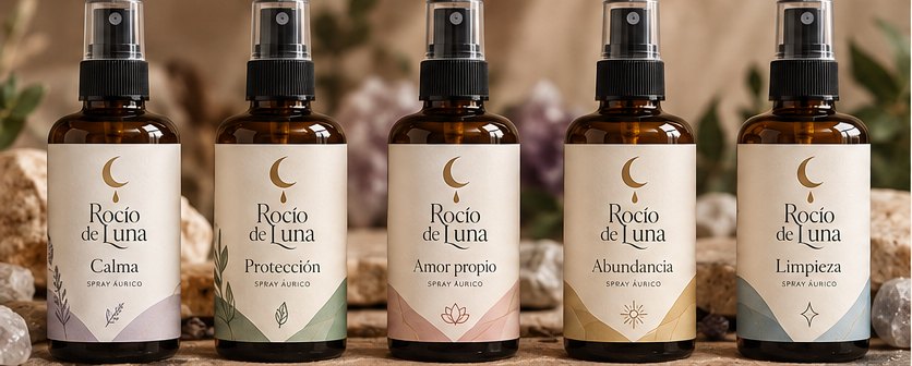 Los cinco sprays de Rocío de Luna en frascos ámbar entre piedras y cuarzos: Calma, Protección, Amor propio, Abundancia y Limpieza.